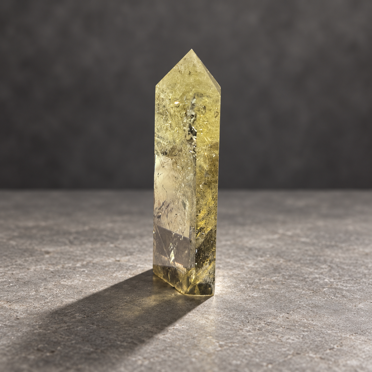 Brazilian citrine tower #10, pale yellow champagne polished quartz point, 207g. Angle 6 showing natural fractures, veils and varied clarity. Exact piece photographed.