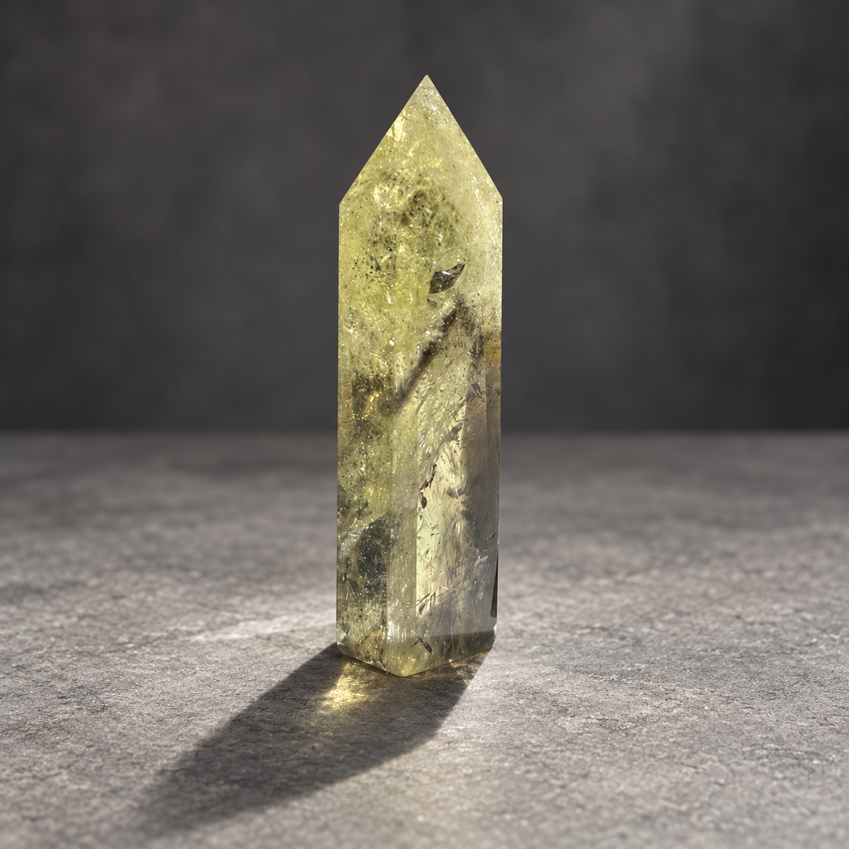 Brazilian citrine tower #10, pale yellow champagne polished quartz point, 207g. Angle 7 showing natural fractures, veils and varied clarity. Exact piece photographed.