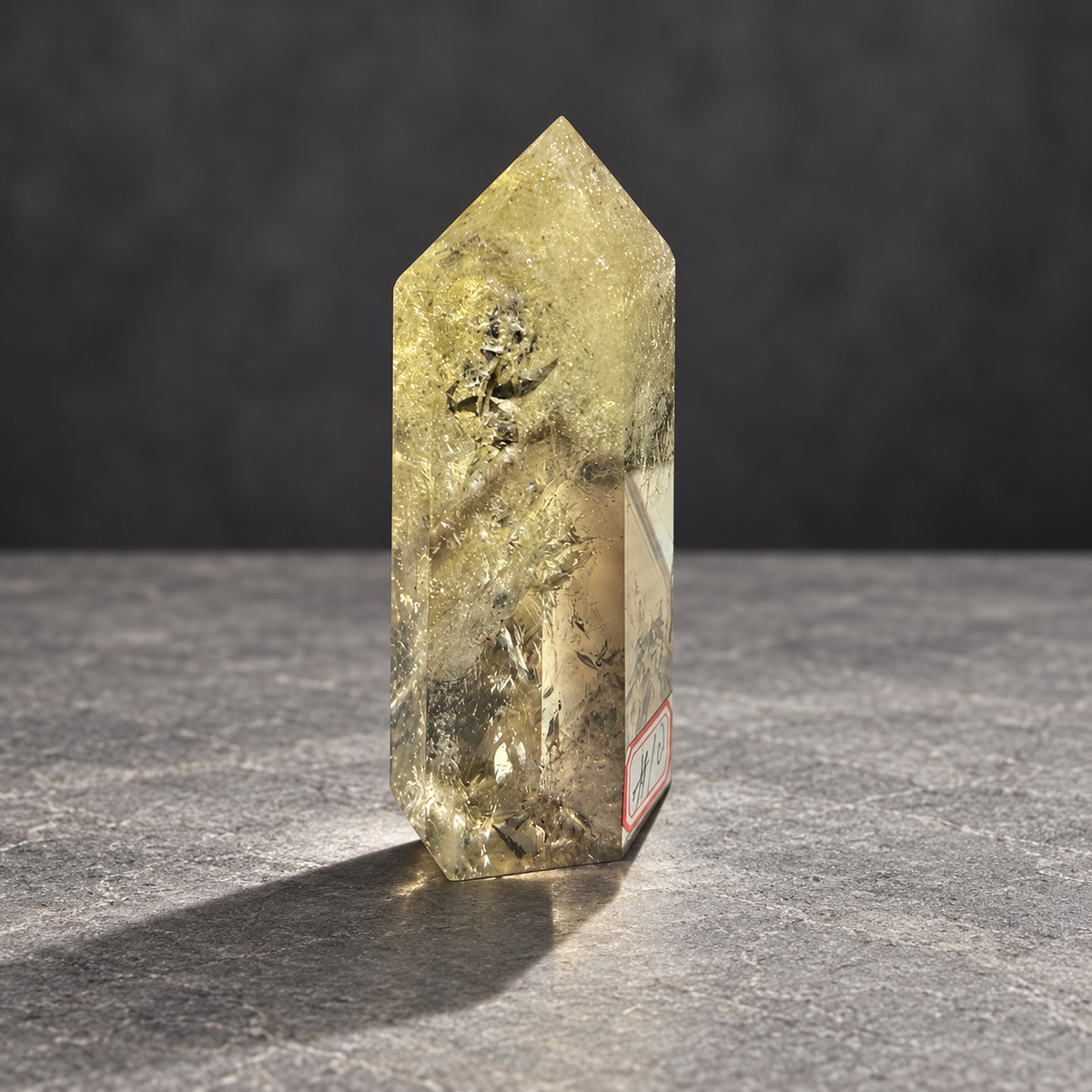 Brazilian citrine tower #10, pale yellow champagne polished quartz point, 207g. Angle 8 showing natural fractures, veils and varied clarity. Exact piece photographed.