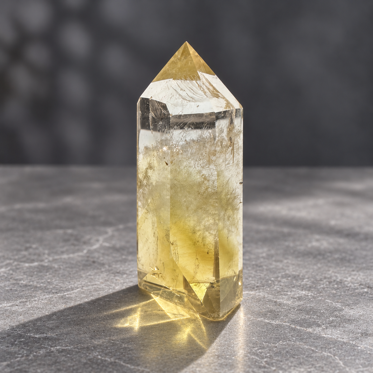 Brazilian citrine tower #2, 151g, opposite side view showing polished facets and natural internal veils