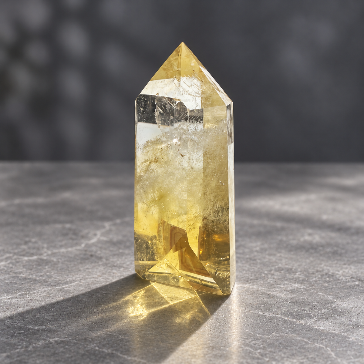 Brazilian citrine tower #2, 151g, reverse angle view showing polished facets and natural internal veils
