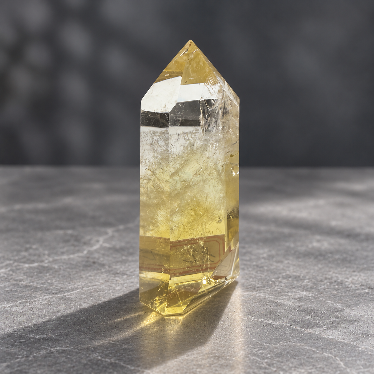 Brazilian citrine tower #2, 151g, reverse view showing polished facets and natural internal veils