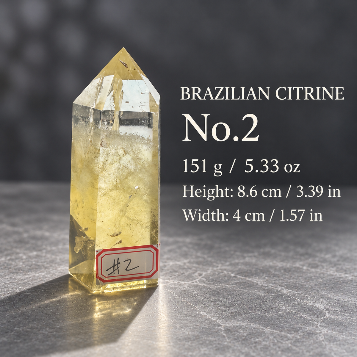 Brazilian citrine tower #2 size guide: 151g / 5.33oz, height 8.6cm / 3.39in, width 4cm / 1.57in