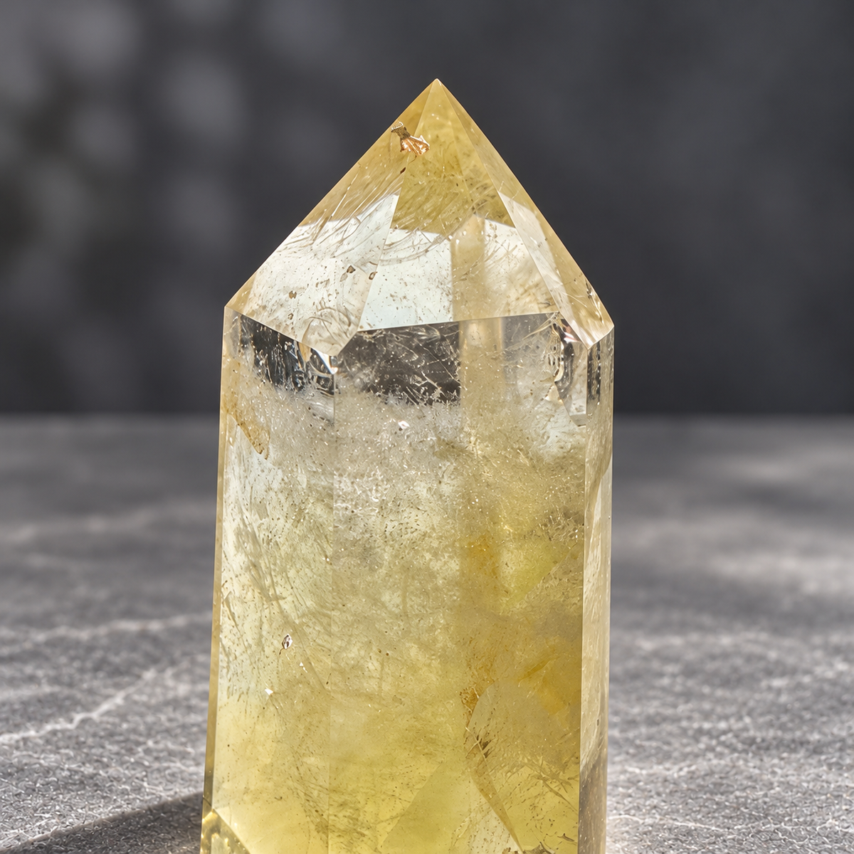 Brazilian citrine tower #2, close-up of the polished point and natural internal veils