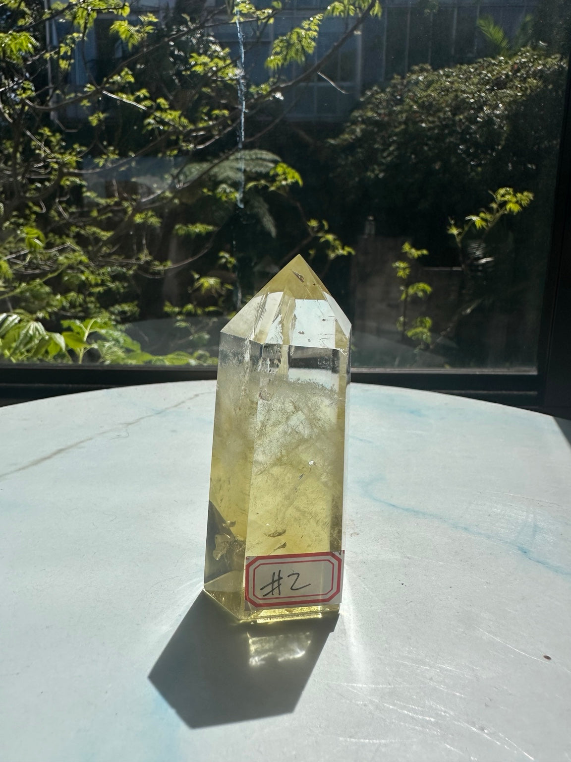 Original natural-sunlight front photograph of Brazilian citrine tower #2 with its identifying label