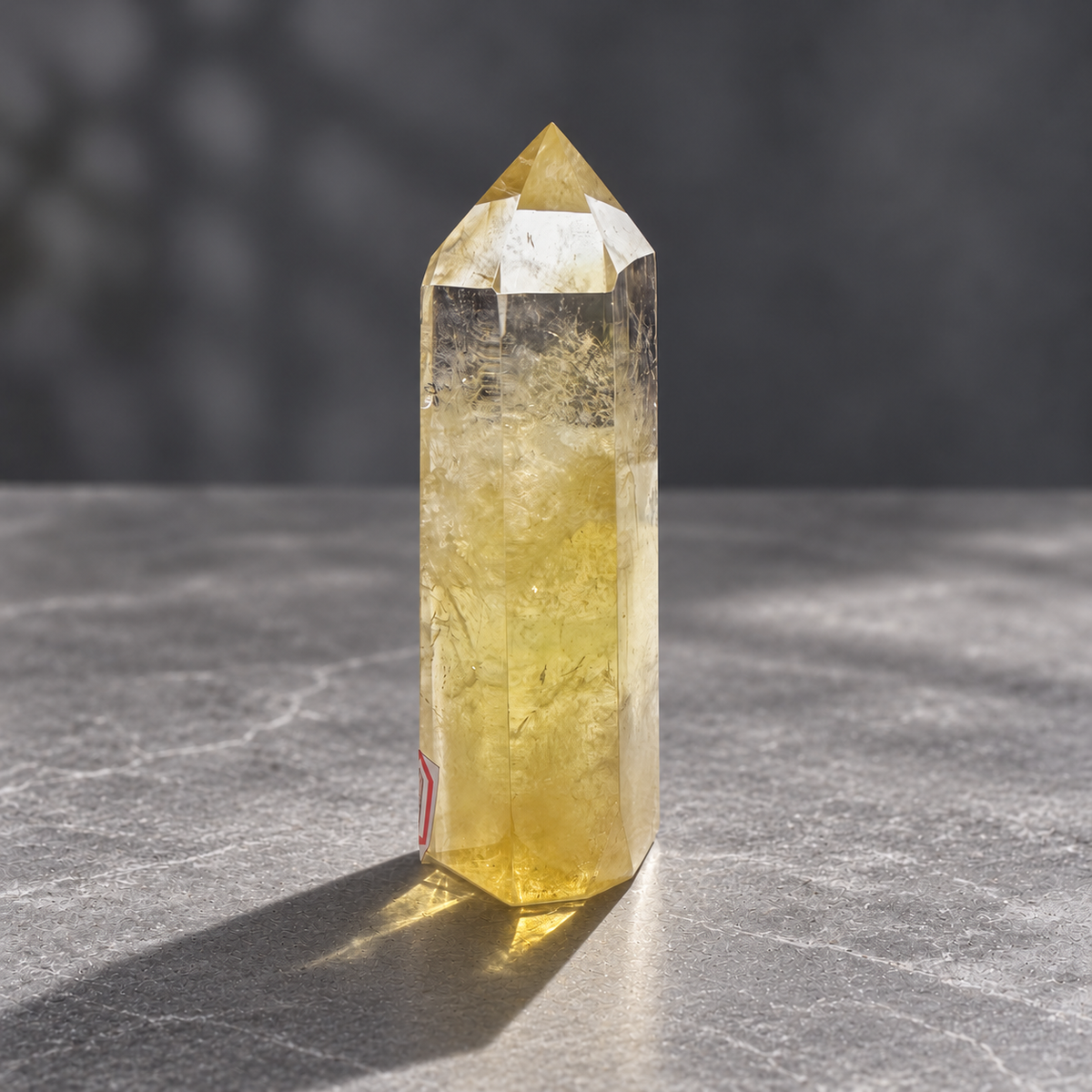 Brazilian citrine tower #5, 117g champagne quartz with a clear upper window and feathery golden veils