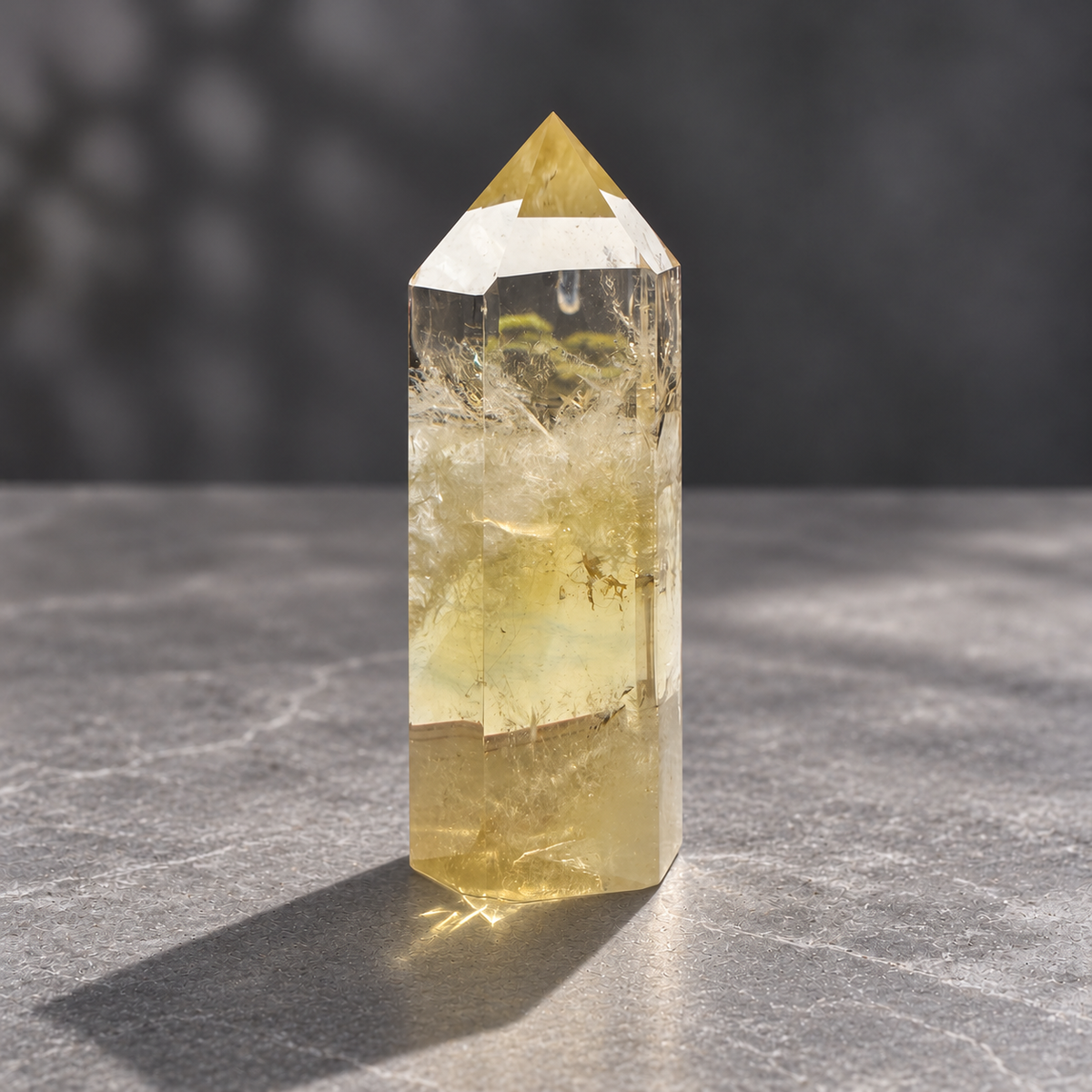 Brazilian citrine tower #5, reverse angle showing natural fractures and fine dark inclusions