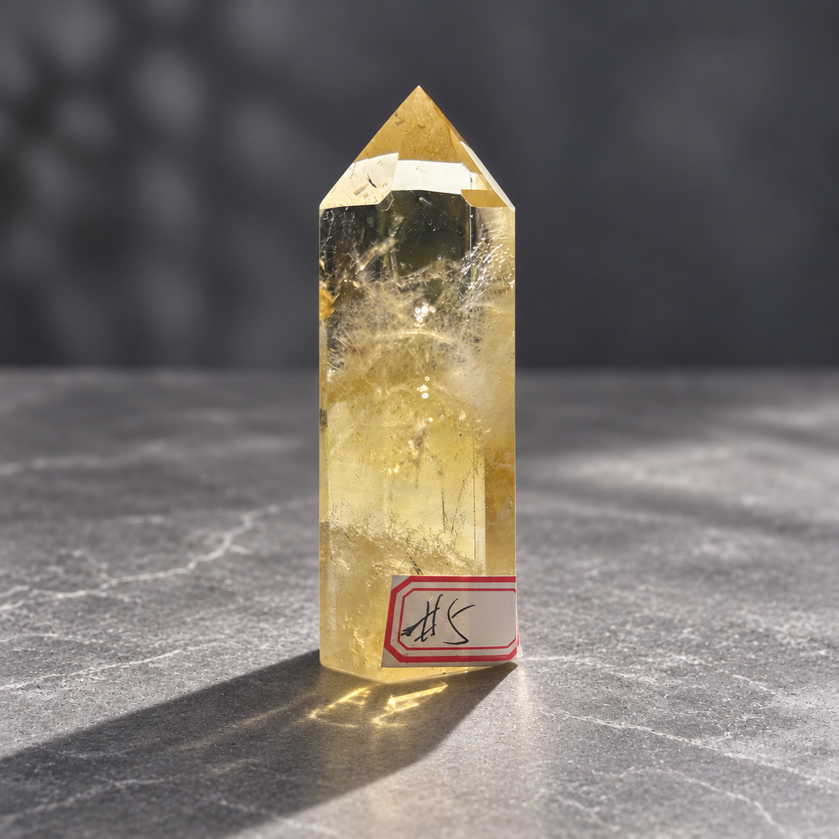 Brazilian citrine tower #5, alternate front view showing the transparent upper section and cloudy veils