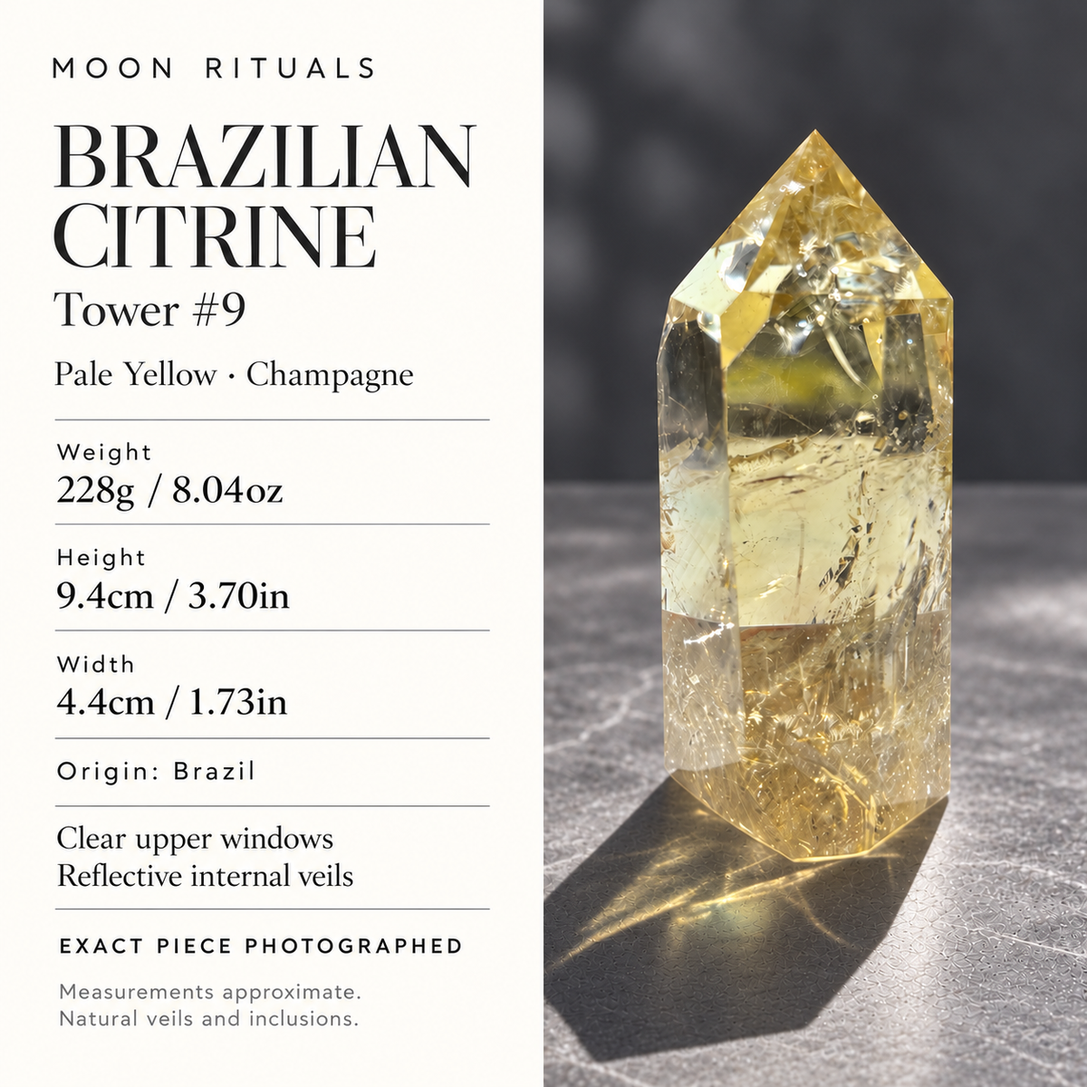 Brazilian citrine tower #9 size guide: 228g (8.04oz), 9.4cm (3.70in) tall and 4.4cm (1.73in) wide; pale yellow champagne colour; exact piece from Brazil.