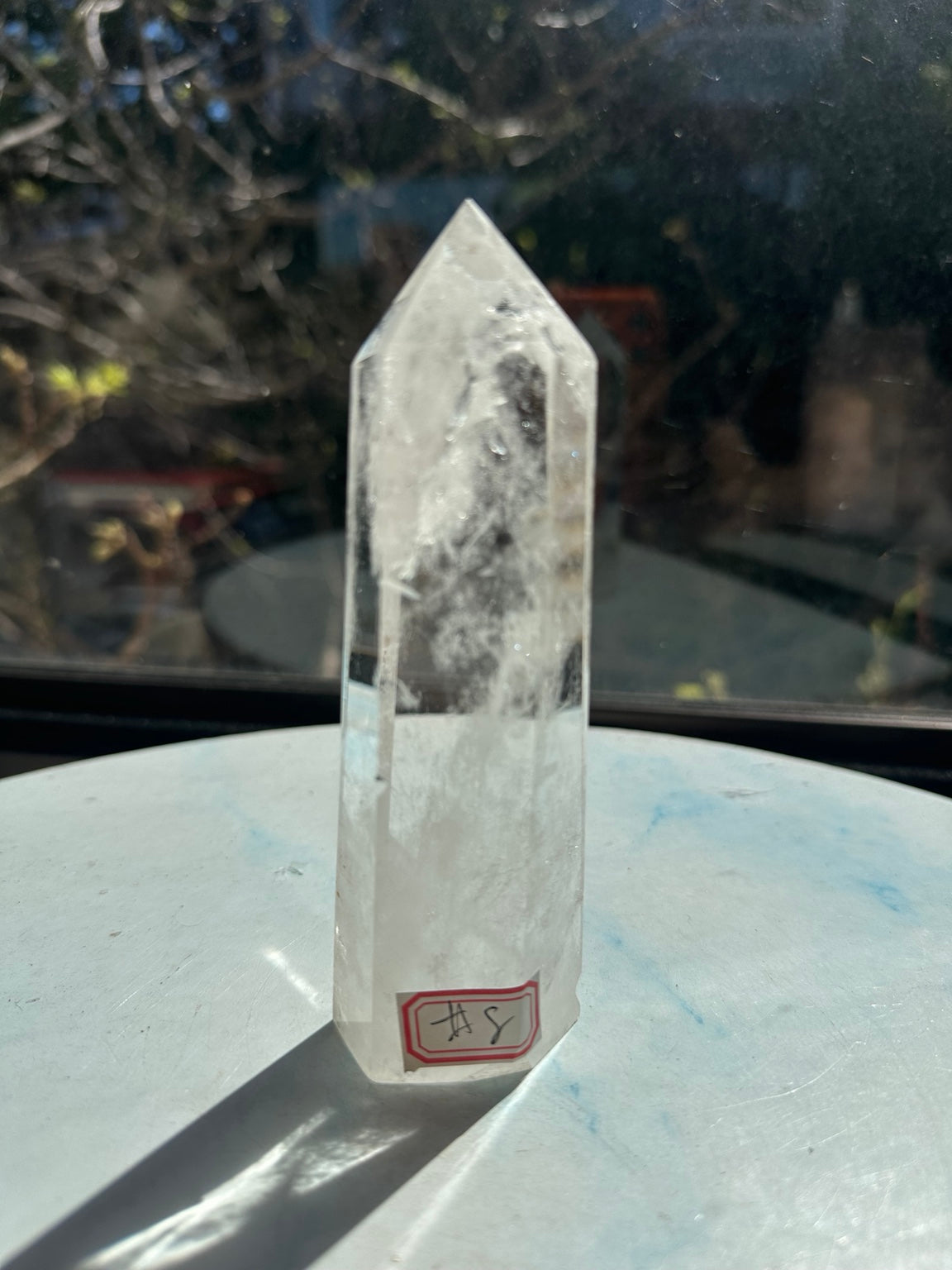 Brazilian clear quartz tower number 8, 232g and 13.2cm tall: full front view with the number 8 label near the flat base.