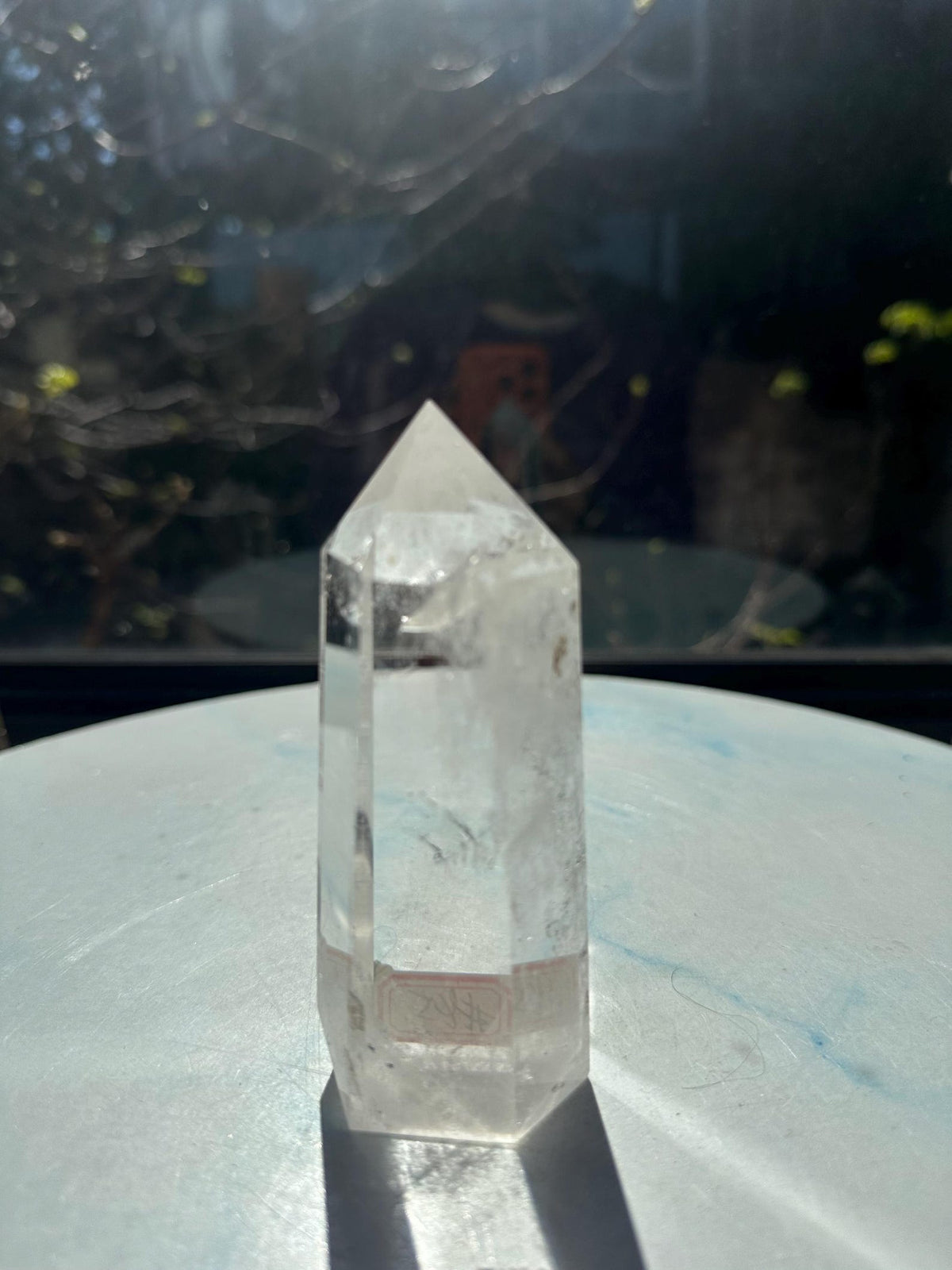 267g Brazilian clear quartz tower, close-up of the polished point, exact piece #45
