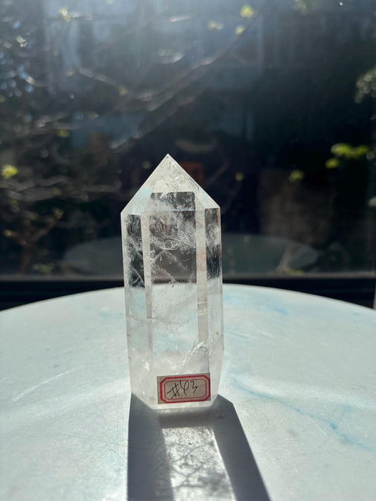336g Brazilian clear quartz tower, front view, exact piece #43