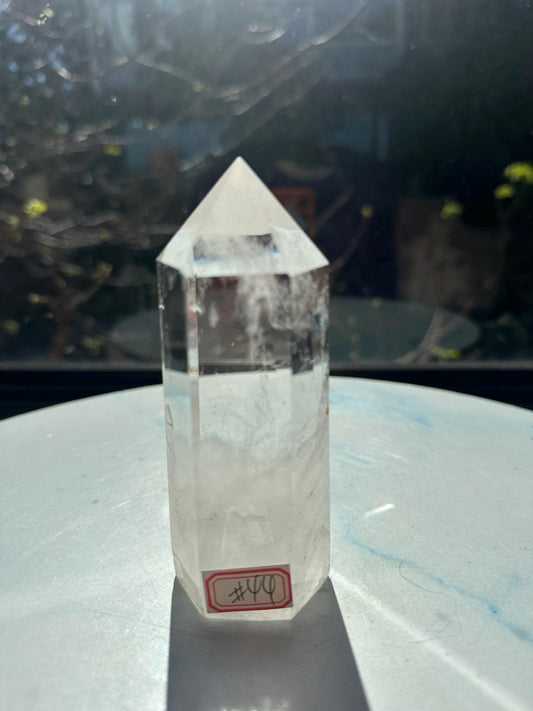 346g Brazilian clear quartz tower, front view, exact piece #44