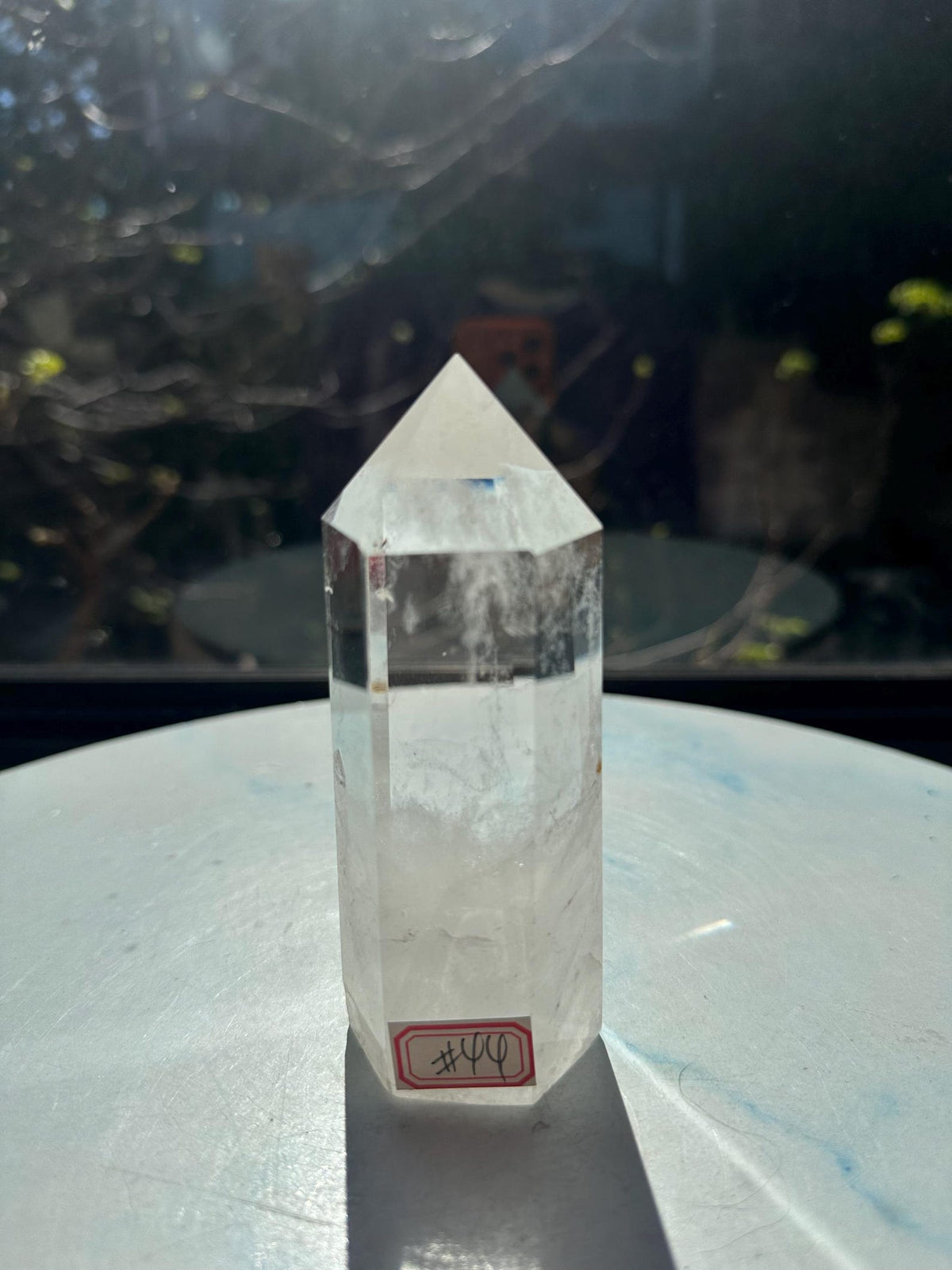 346g Brazilian clear quartz tower, angled side view, exact piece #44