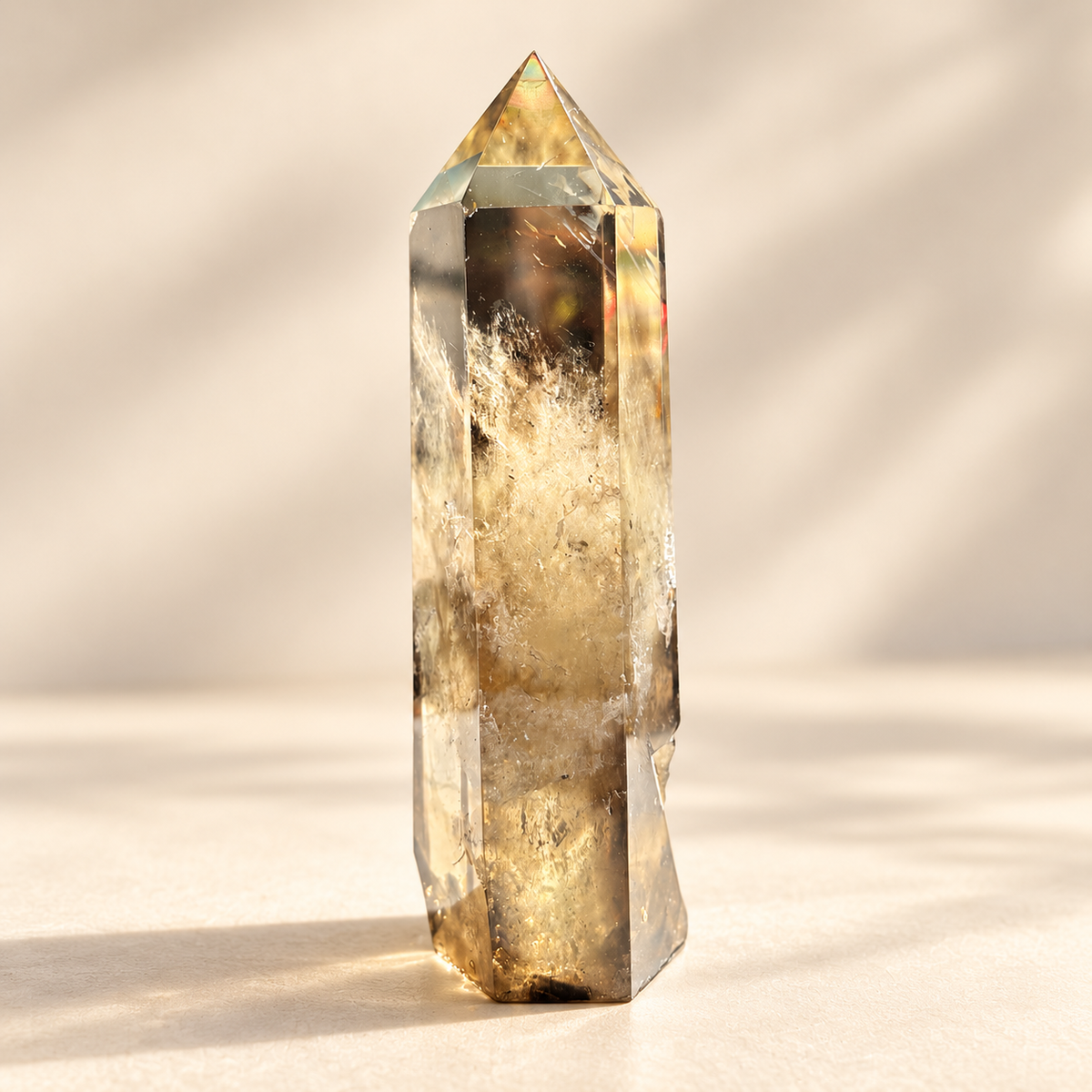 Brazilian smoky citrine tower 421g, 15cm tall, with pale golden smoky colour and natural inclusions