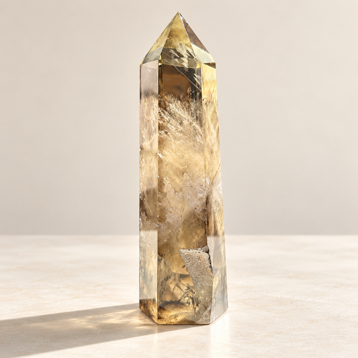 Reverse view of the exact Brazilian smoky citrine tower showing internal veils and lower surface irregularities