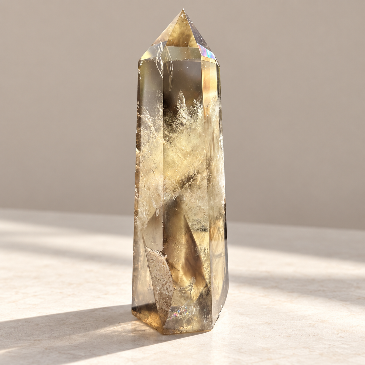 Side view of 421g smoky citrine tower with smoky golden zoning and internal fissures