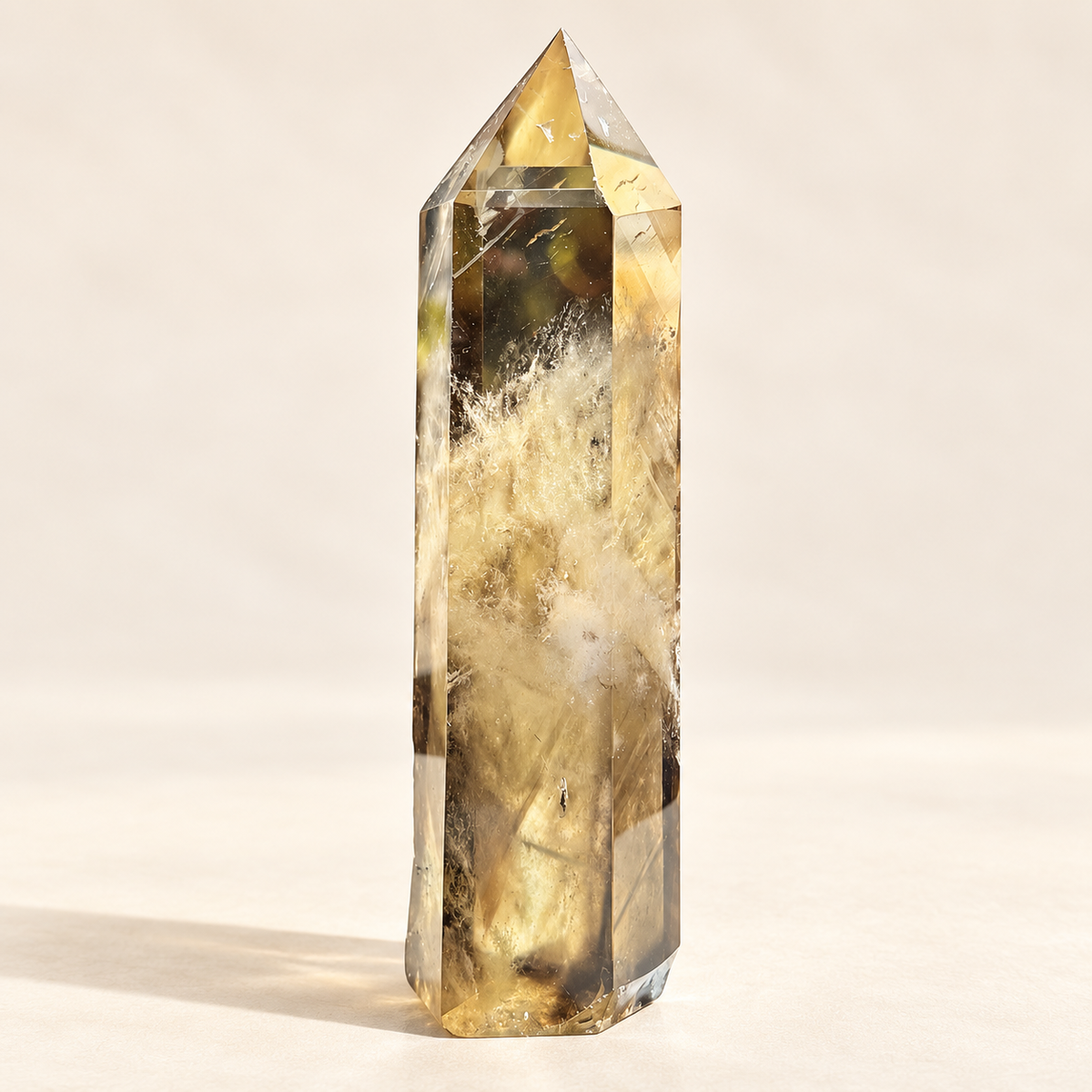 Opposite side of polished Brazilian smoky citrine crystal tower, 15cm tall