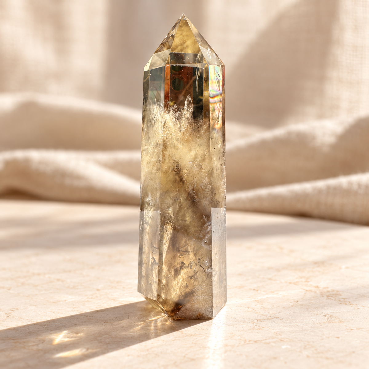 Brazilian smoky citrine tower standing on a flat base in natural light