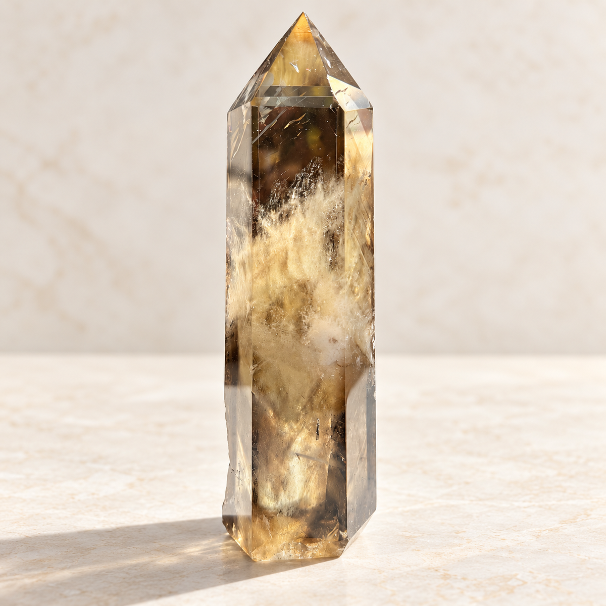 Full view of golden smoky citrine crystal obelisk with polished facets