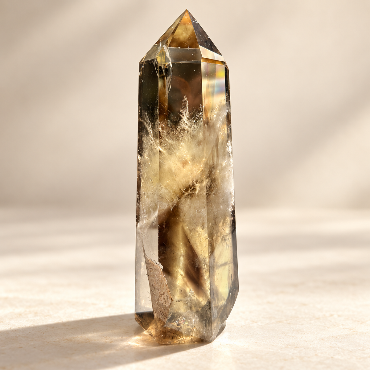 Lower edge and inclusion detail of smoky citrine tower