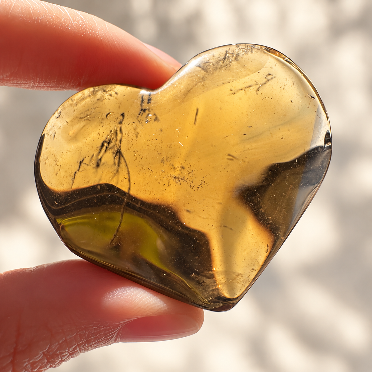 Smoky quartz heart held in natural light to show translucency and internal mineral details