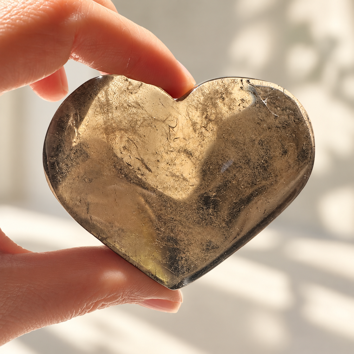 Hand-held smoky quartz heart with natural cloudy veils and a polished surface