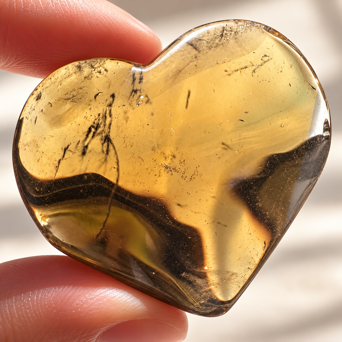 Close detail of a translucent Brazilian smoky quartz heart and its natural internal lines