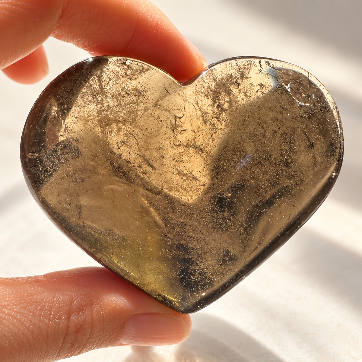 Close detail of natural cloudy veils inside a polished smoky quartz heart