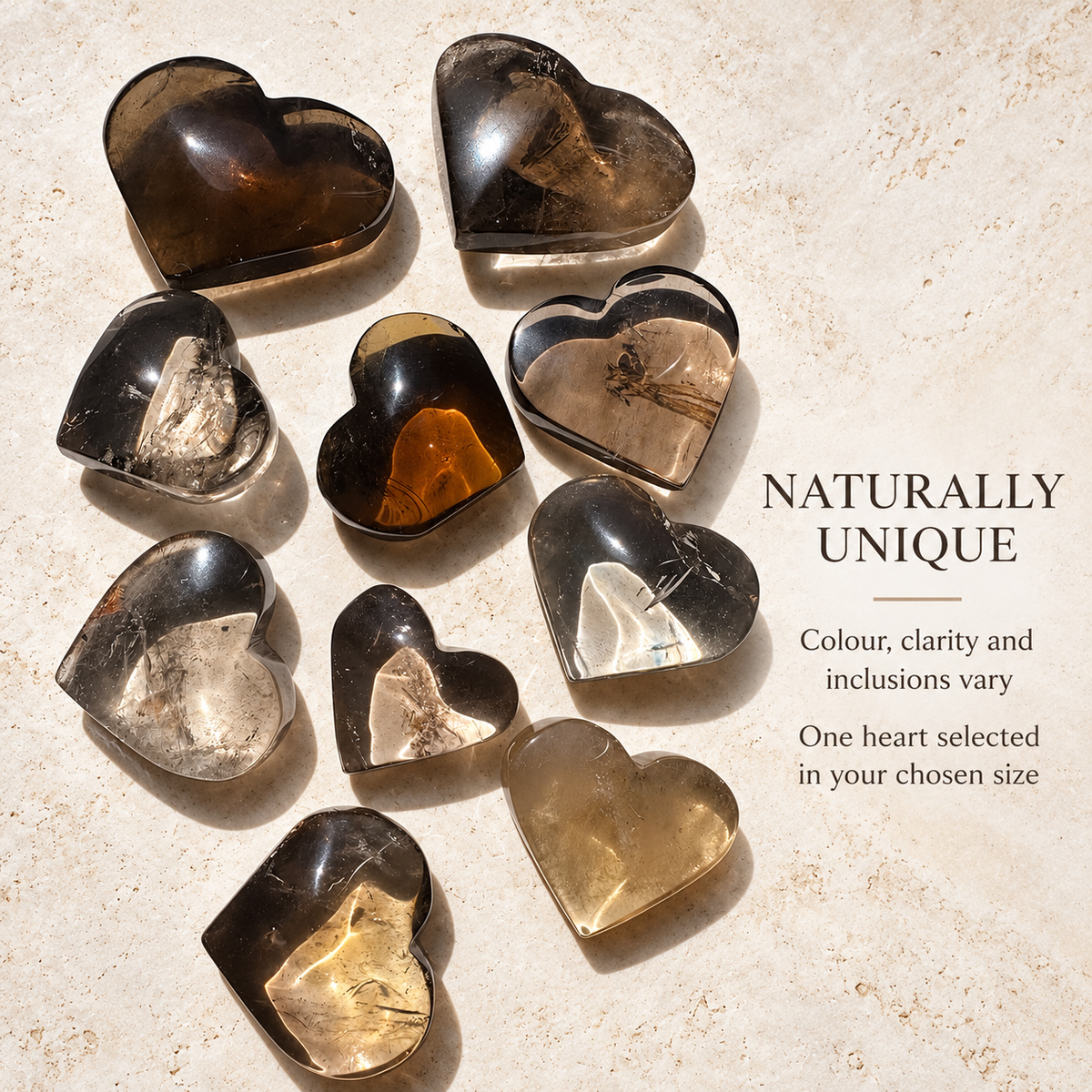Brazilian smoky quartz heart batch showing natural colour and inclusion variation