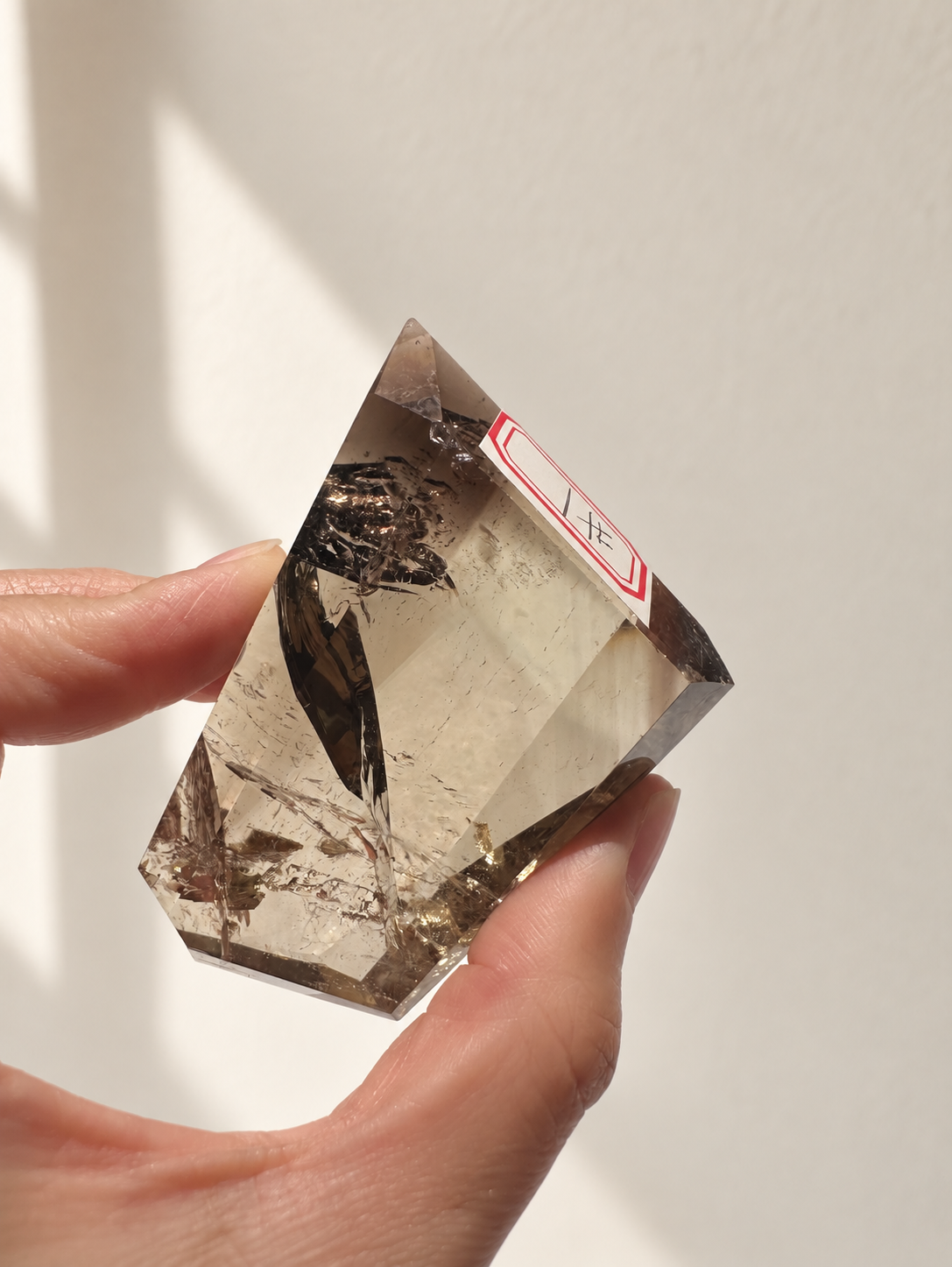 Natural Brazilian citrine 116g exact piece #1 view 3 in soft natural daylight against warm ivory wall