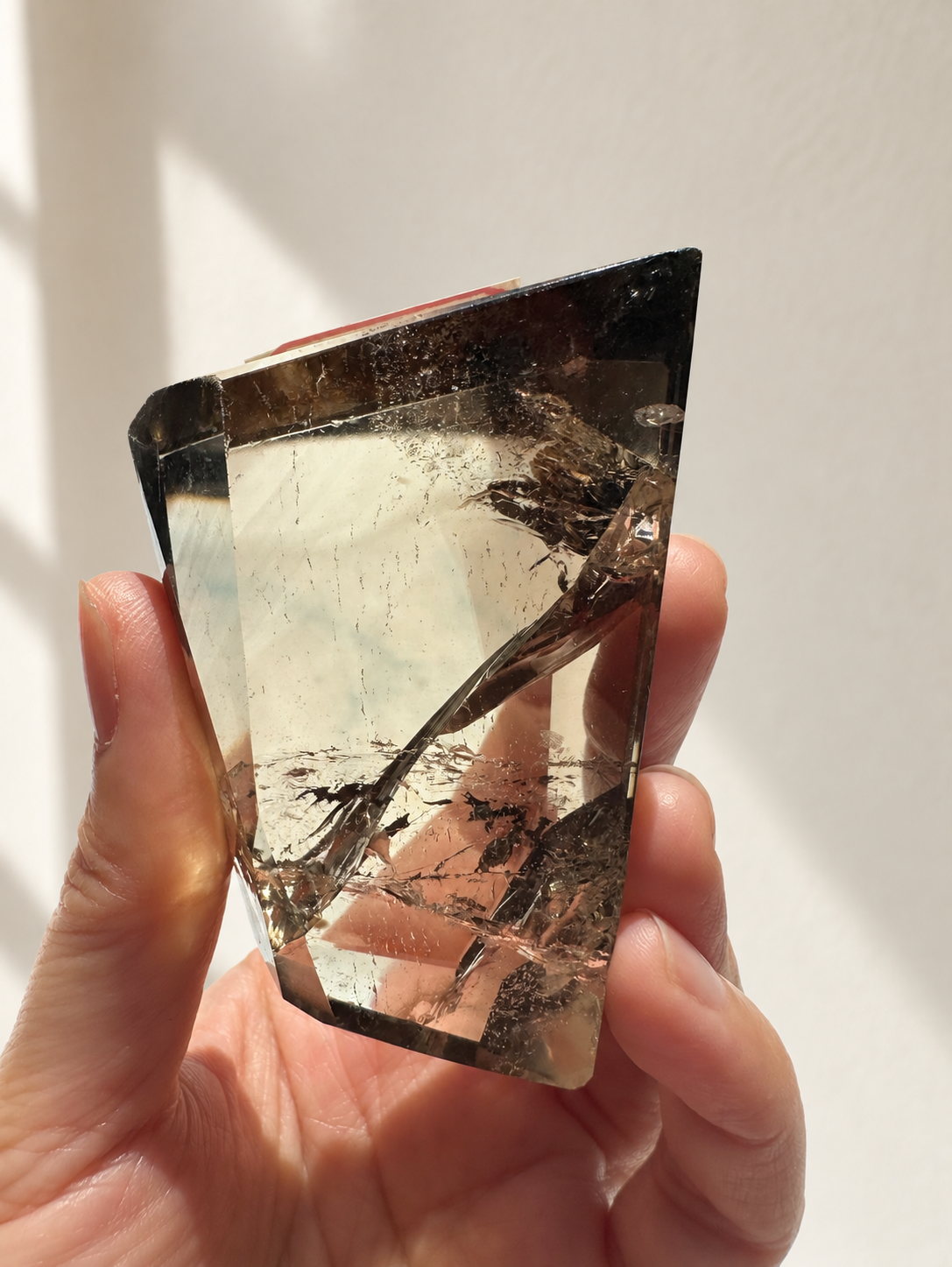Natural Brazilian citrine 116g exact piece #1 view 4 in soft natural daylight against warm ivory wall