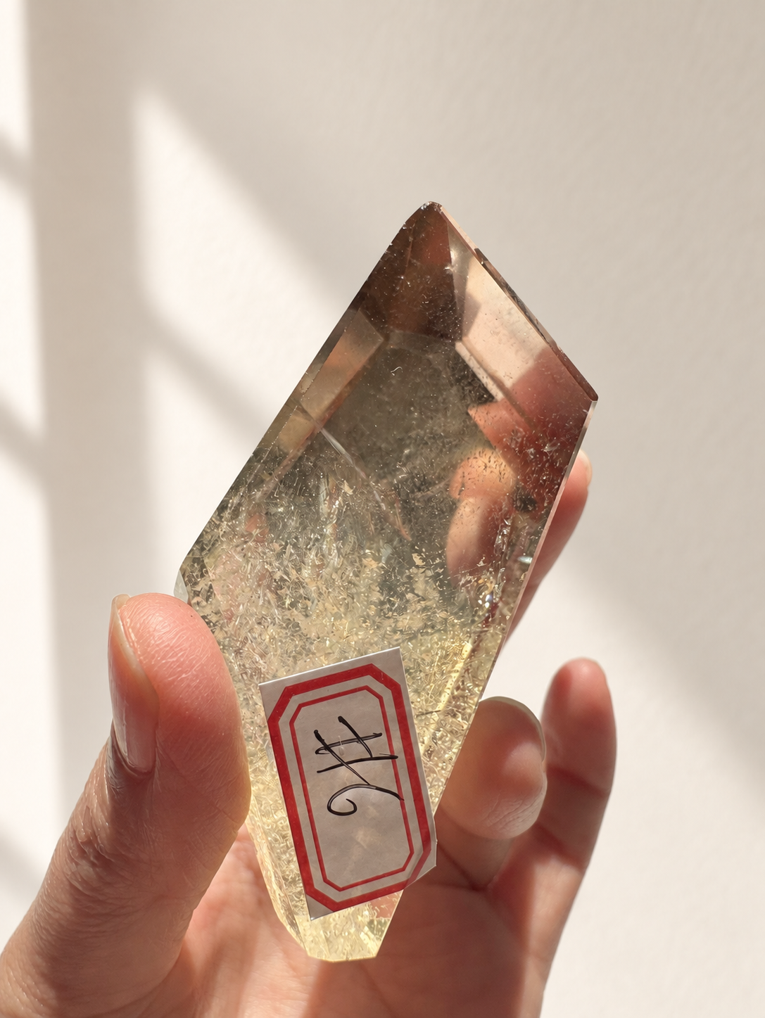 Natural Brazilian citrine 135g exact piece #6 view 7 in soft natural daylight against warm ivory wall