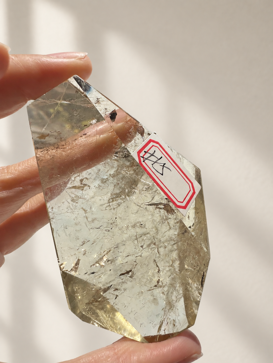 Natural Brazilian citrine 157g exact piece #5 view 2 in soft natural daylight against warm ivory wall