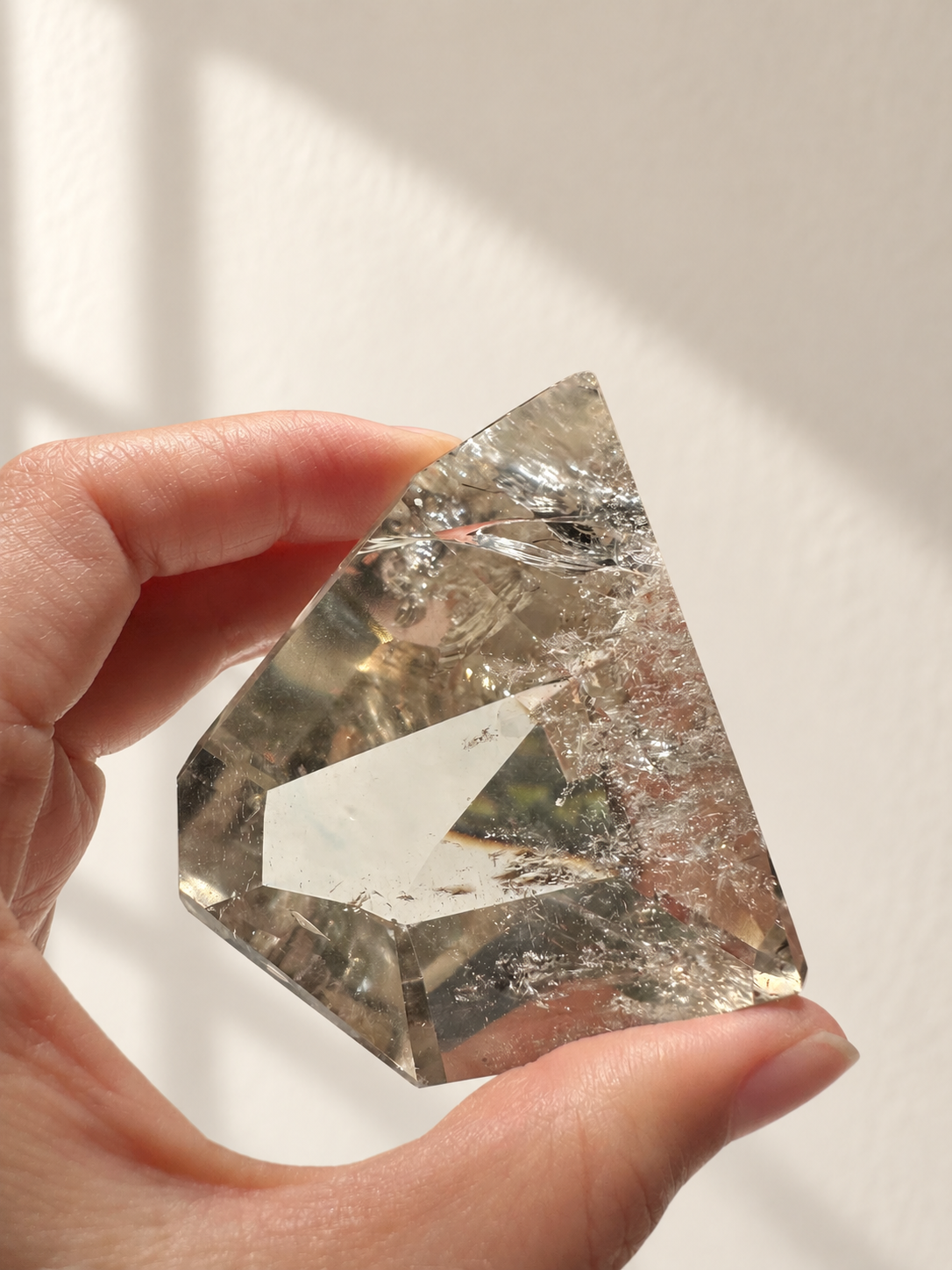 Natural Brazilian citrine 164g exact piece #9 view 18 in soft natural daylight against warm ivory wall