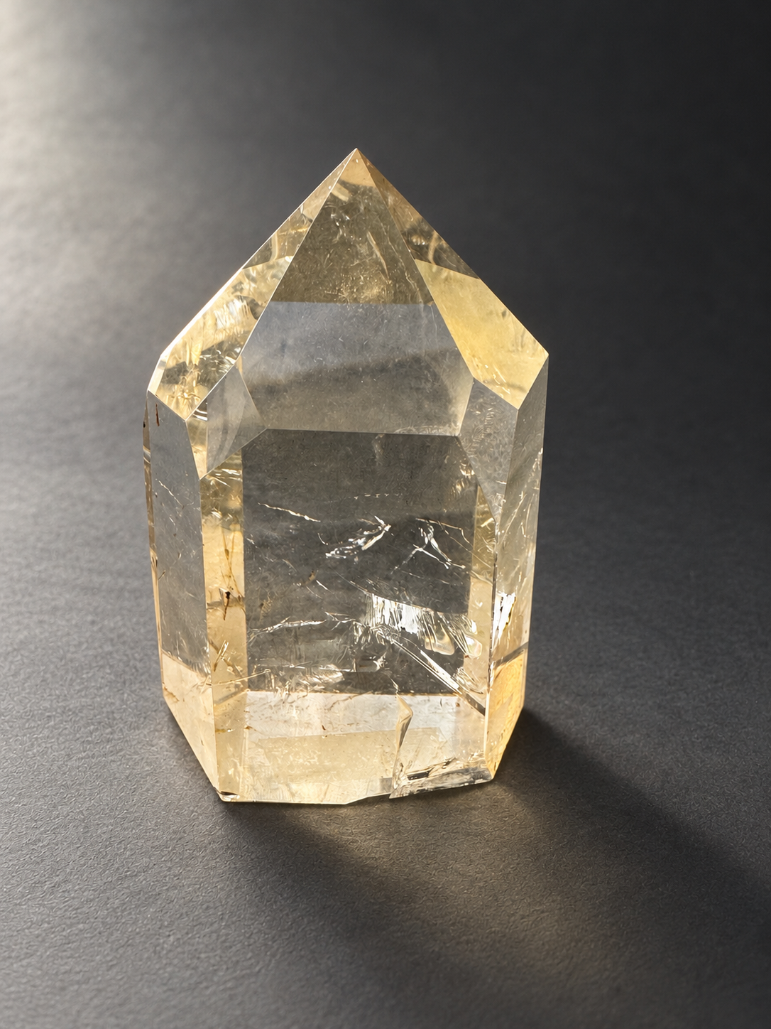 Natural unheated Congo citrine point No.12, 194g, soft side daylight — angle 1