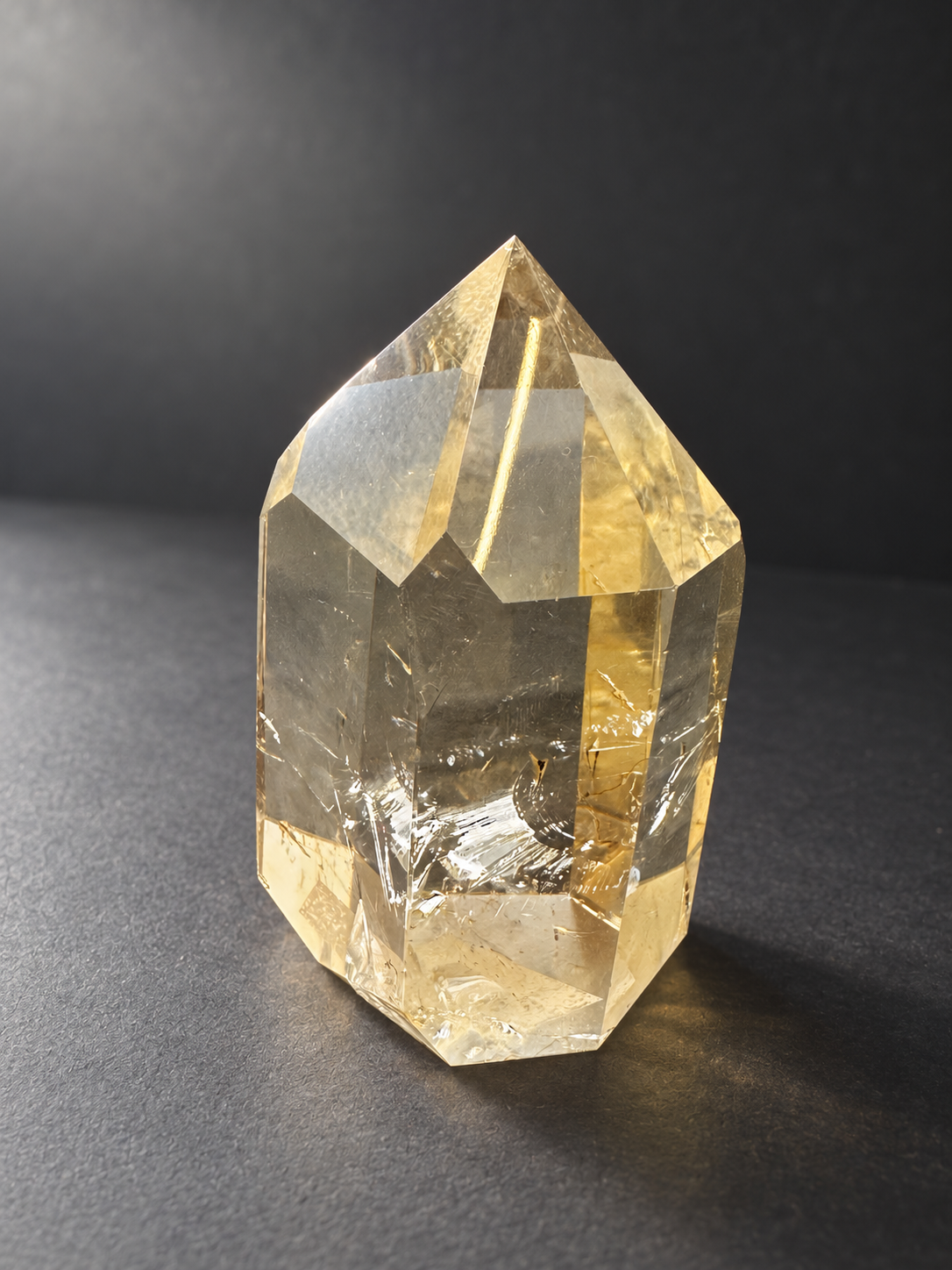 Natural unheated Congo citrine point No.12, 194g, soft side daylight — angle 2
