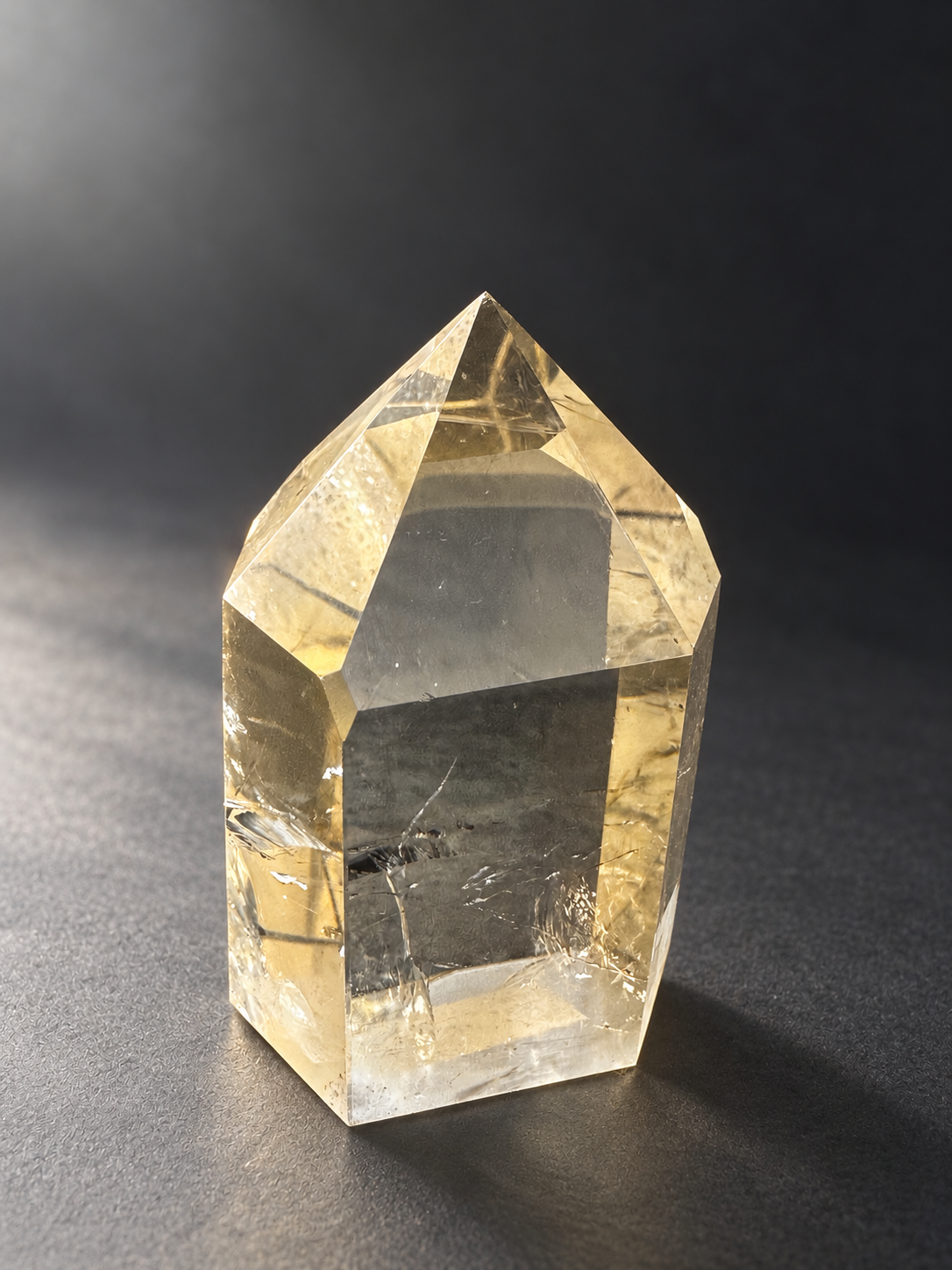 Natural unheated Congo citrine point No.12, 194g, soft side daylight — angle 4