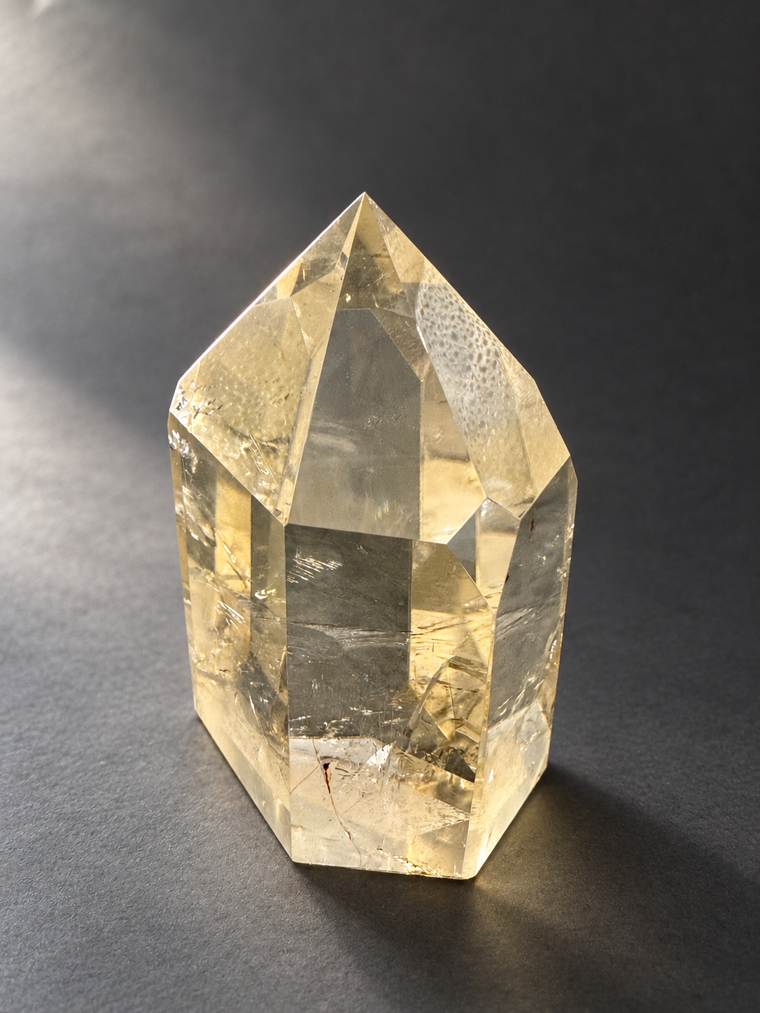 Natural unheated Congo citrine point No.12, 194g, soft side daylight — angle 5