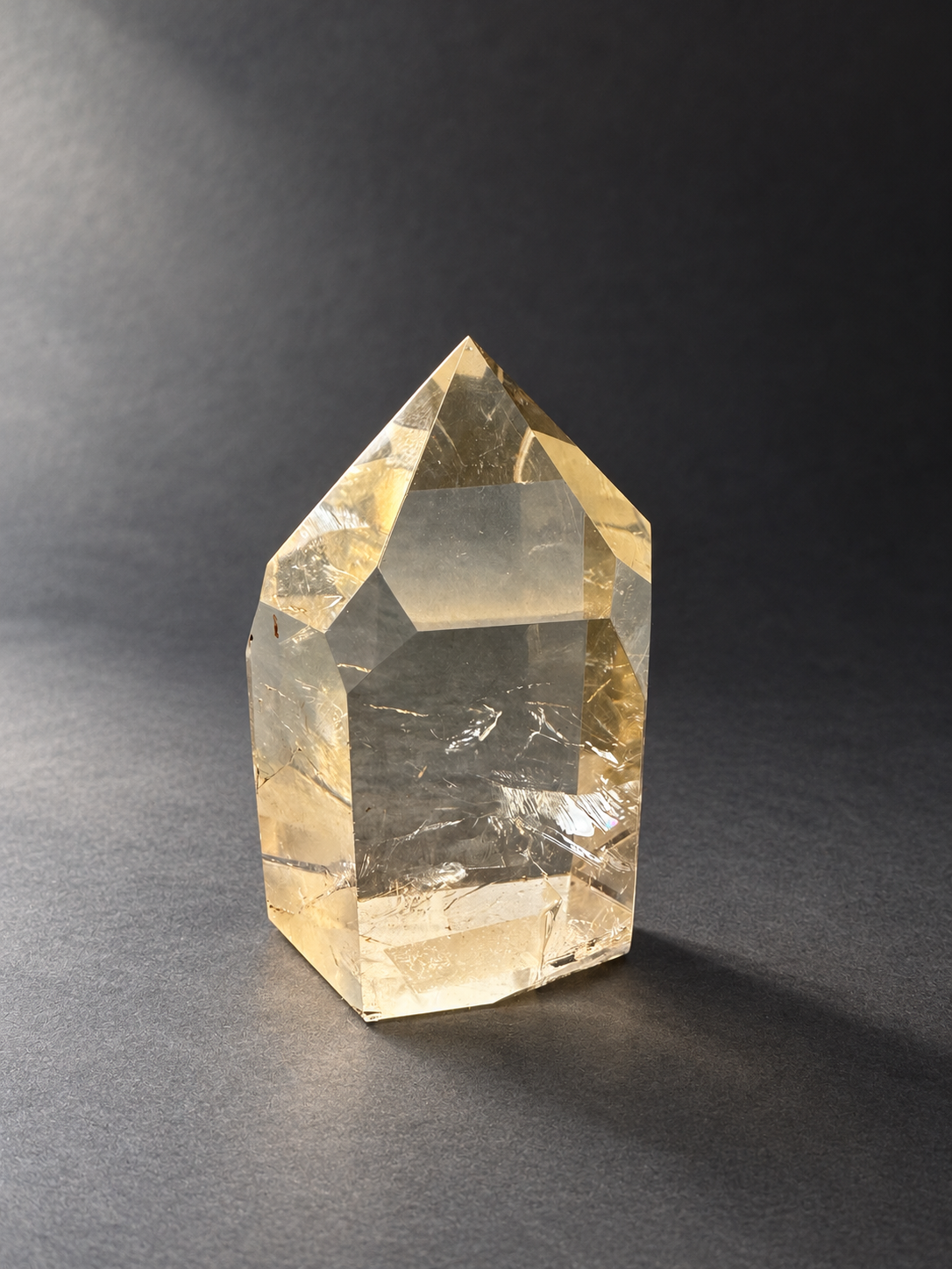 Natural unheated Congo citrine point No.12, 194g, soft side daylight — angle 7