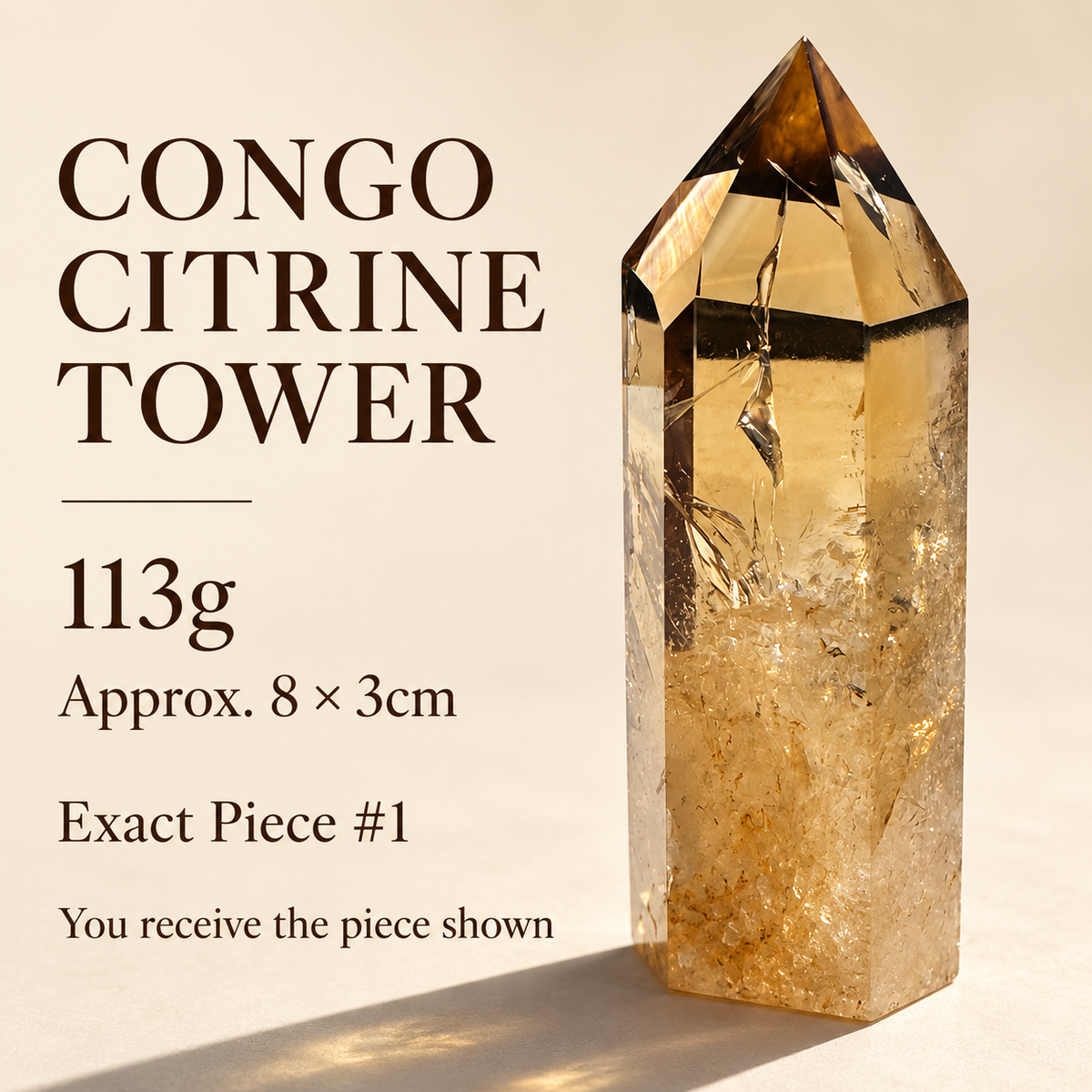 Congo citrine tower exact piece #1 specifications: 113g and approximately 8 by 3cm