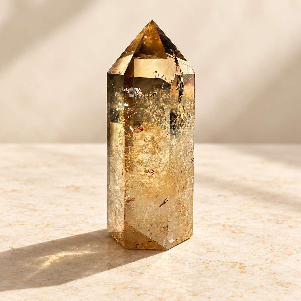 Congo golden citrine tower #1, 113g, polished facets and visible internal inclusions, angle 2