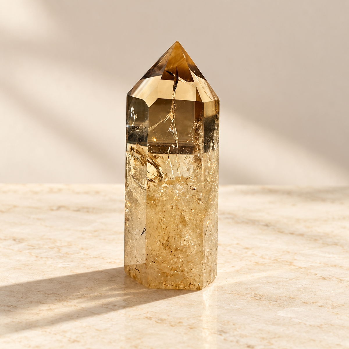 Congo golden citrine tower #1, 113g, polished facets and visible internal inclusions, angle 3