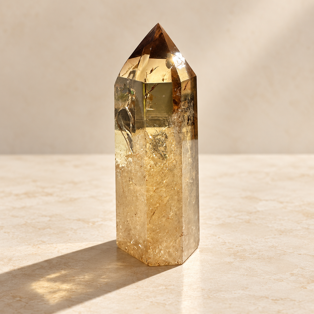 Congo golden citrine tower #1, 113g, polished facets and visible internal inclusions, angle 4