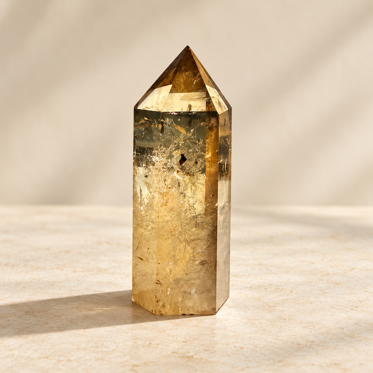 Congo golden citrine tower #1, 113g, polished facets and visible internal inclusions, angle 5