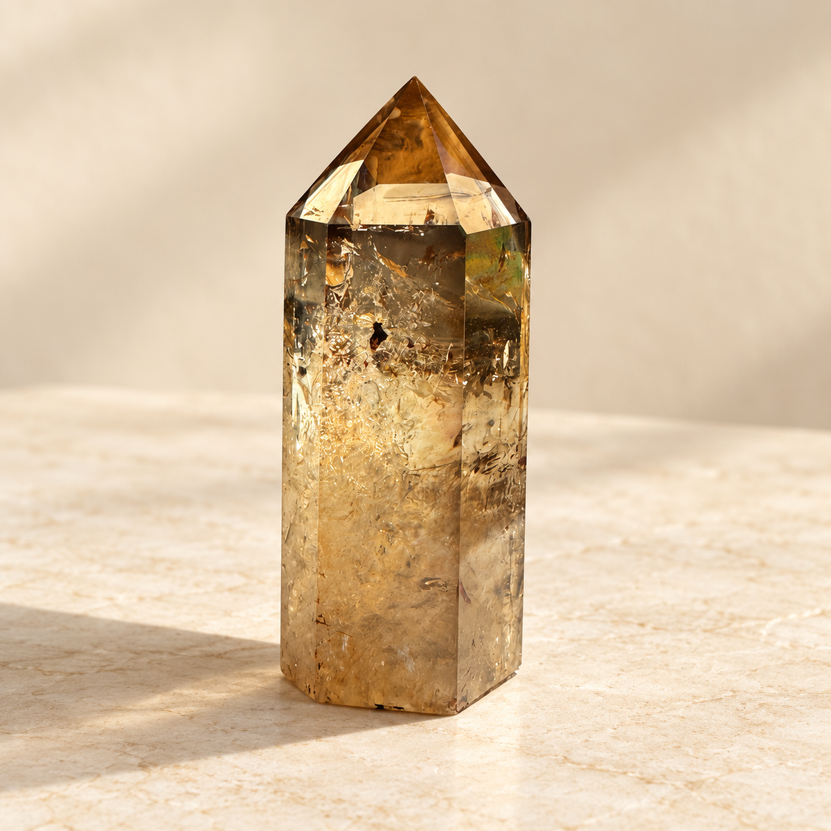 Congo golden citrine tower #1, 113g, polished facets and visible internal inclusions, angle 6