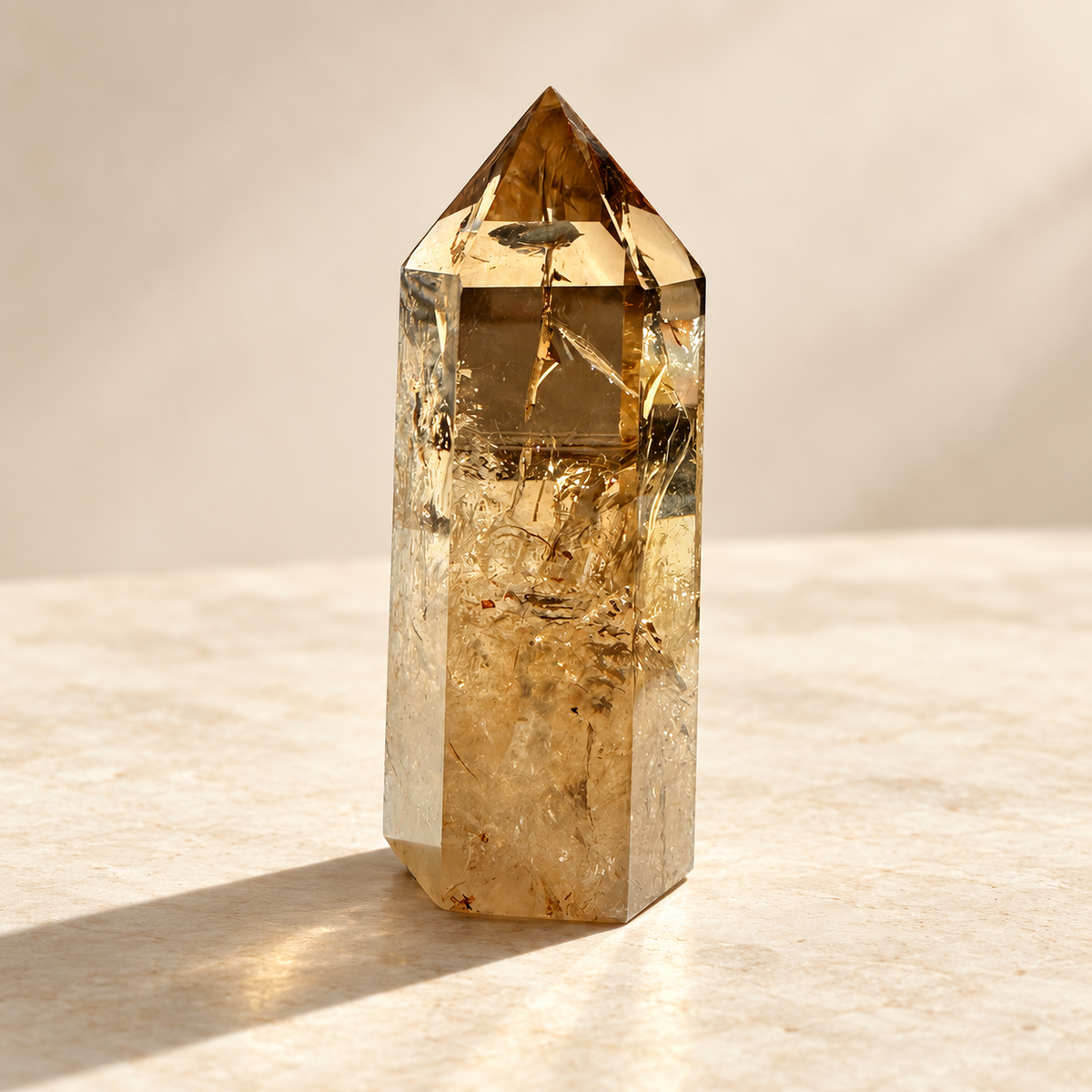 Congo golden citrine tower #1, 113g, polished facets and visible internal inclusions, angle 7