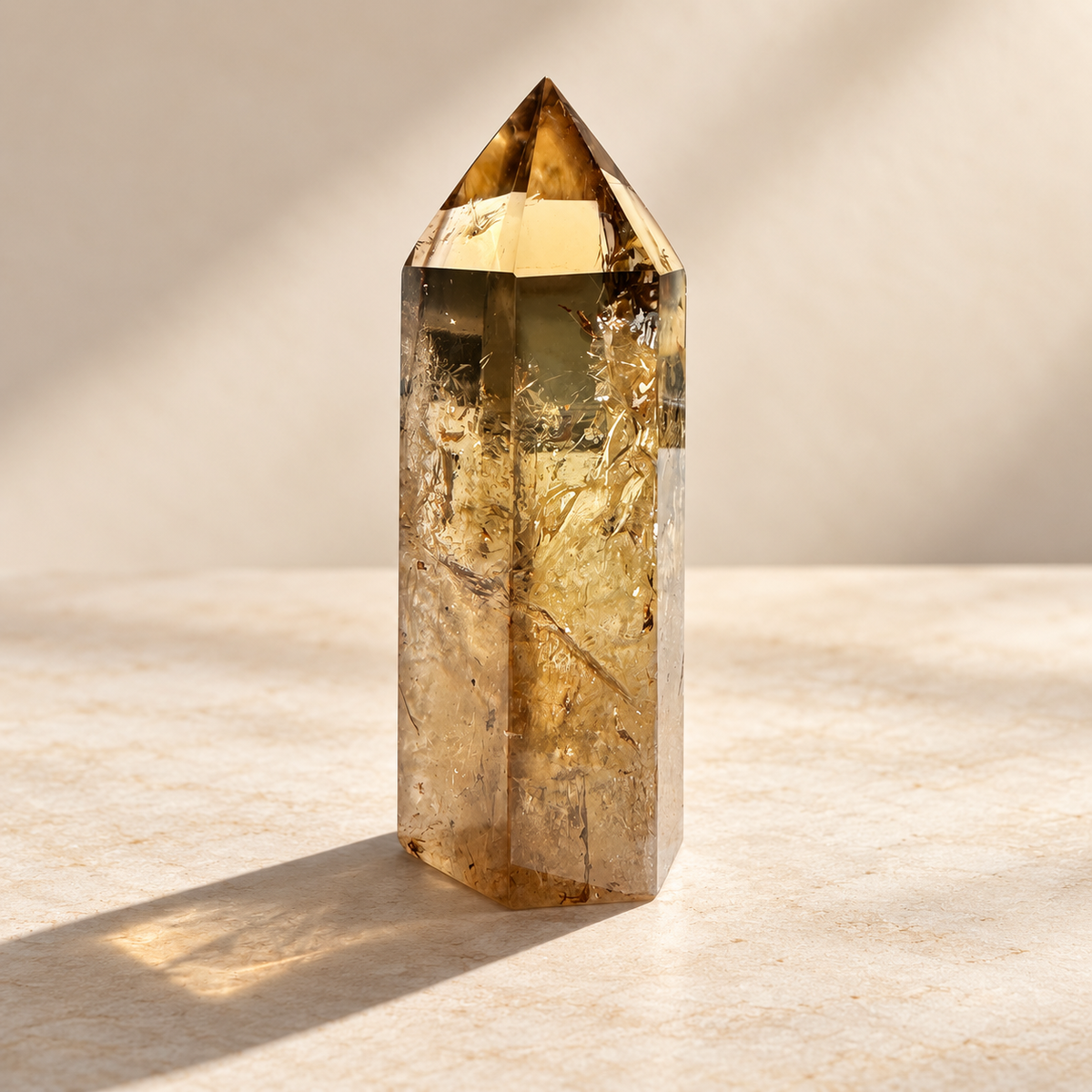 Congo golden citrine tower #1, 113g, polished facets and visible internal inclusions, angle 8