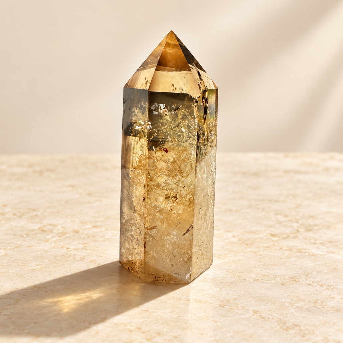 Congo golden citrine tower #1, 113g, polished facets and visible internal inclusions, angle 9