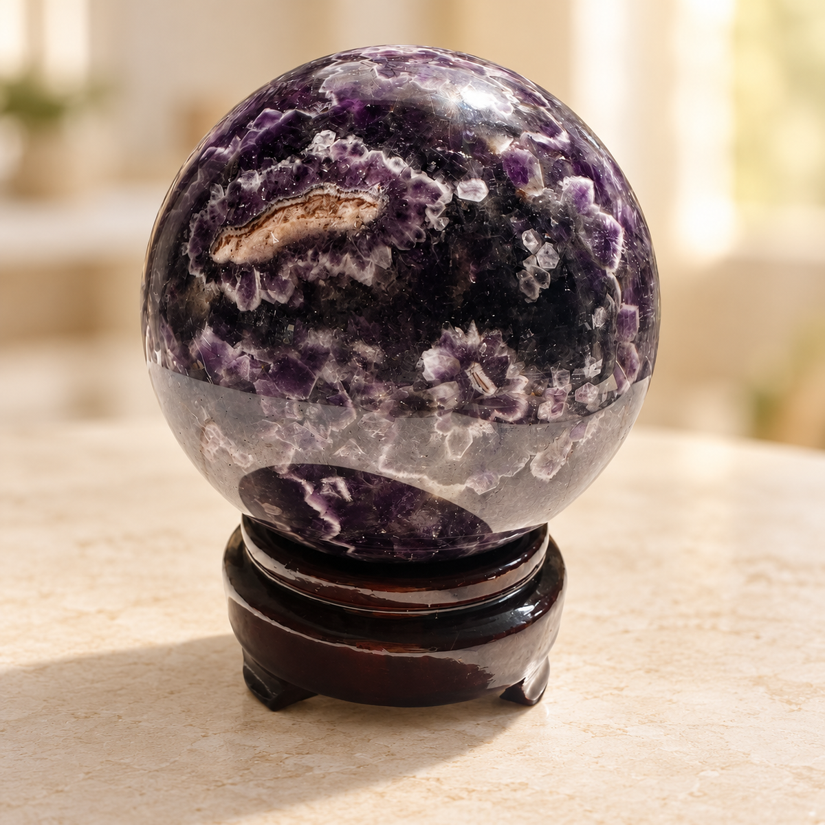 Madagascar large Dream / Chevron Amethyst sphere #3, 1.04kg, 9.4cm / 3.70in, wooden stand included, detail